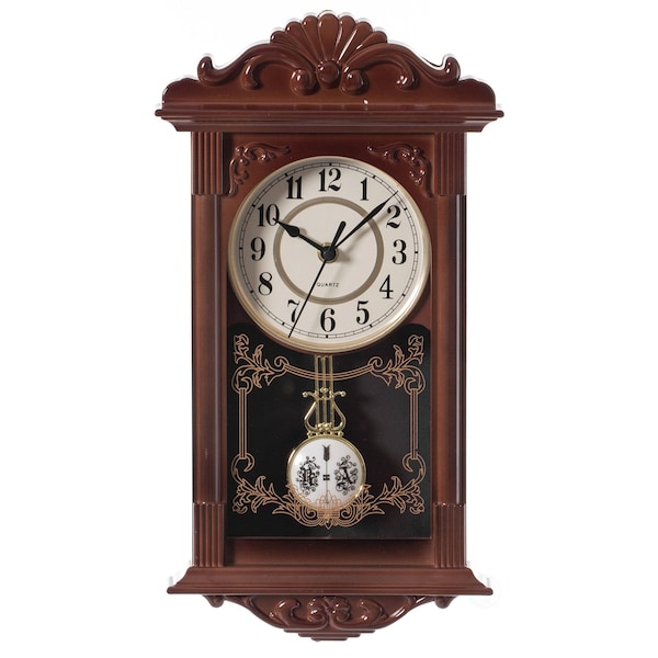 Quickway Imports Vintage Grandfather Wood- Looking Plastic Pendulum Wall Clock for Living, Kitchen, or Dining, Brown QI004145.BN - main